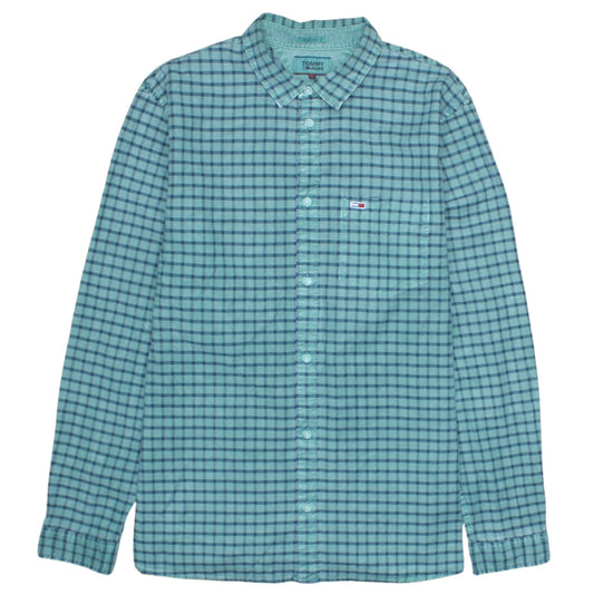 Tommy Jeans Men's Blue Check Long Sleeve Regular Fit Cotton Shirt L