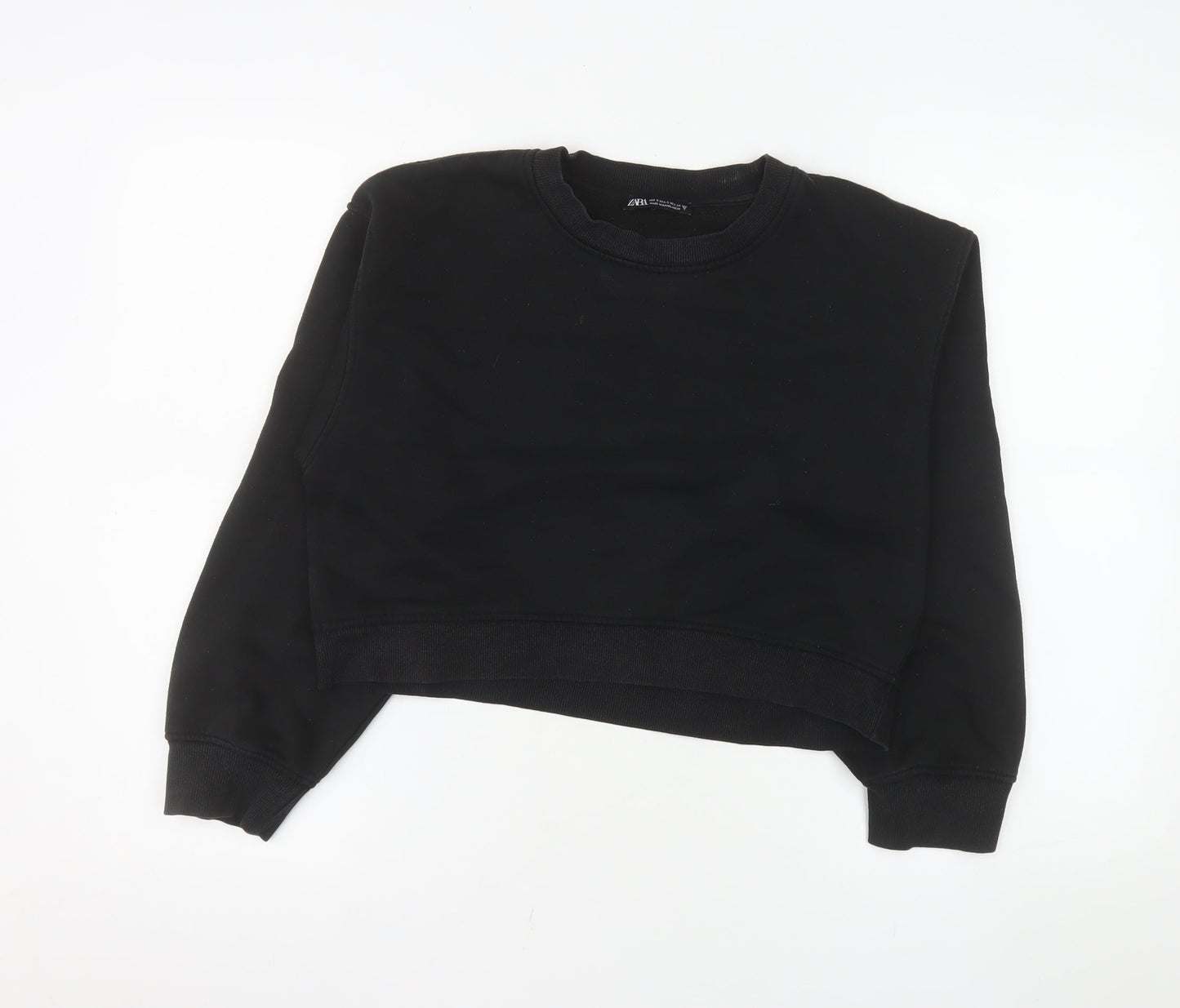 ZARA Women's Black Cropped Crew Neck Pullover Sweatshirt Size S