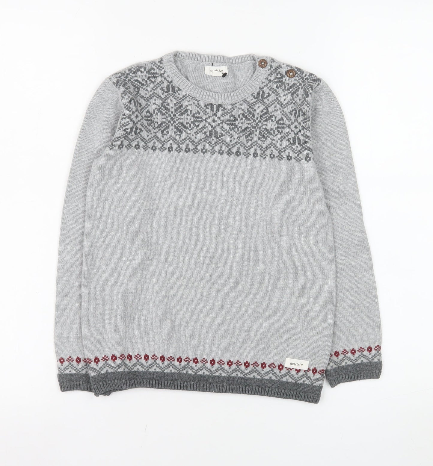 Newbie Girls Grey Fair Isle Cotton Jumper 7 Years Long Sleeve Crew Neck