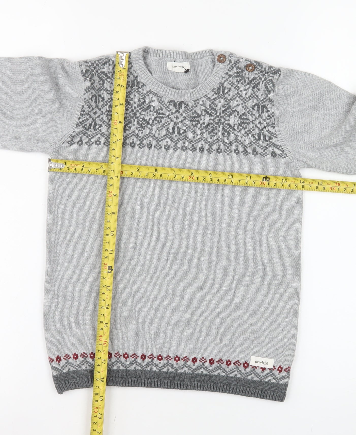 Newbie Girls Grey Fair Isle Cotton Jumper 7 Years Long Sleeve Crew Neck