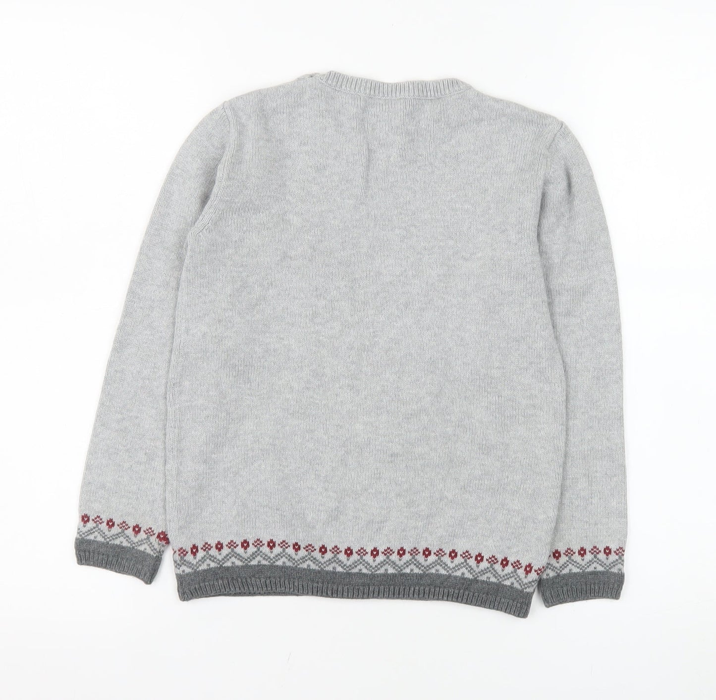 Newbie Girls Grey Fair Isle Cotton Jumper 7 Years Long Sleeve Crew Neck