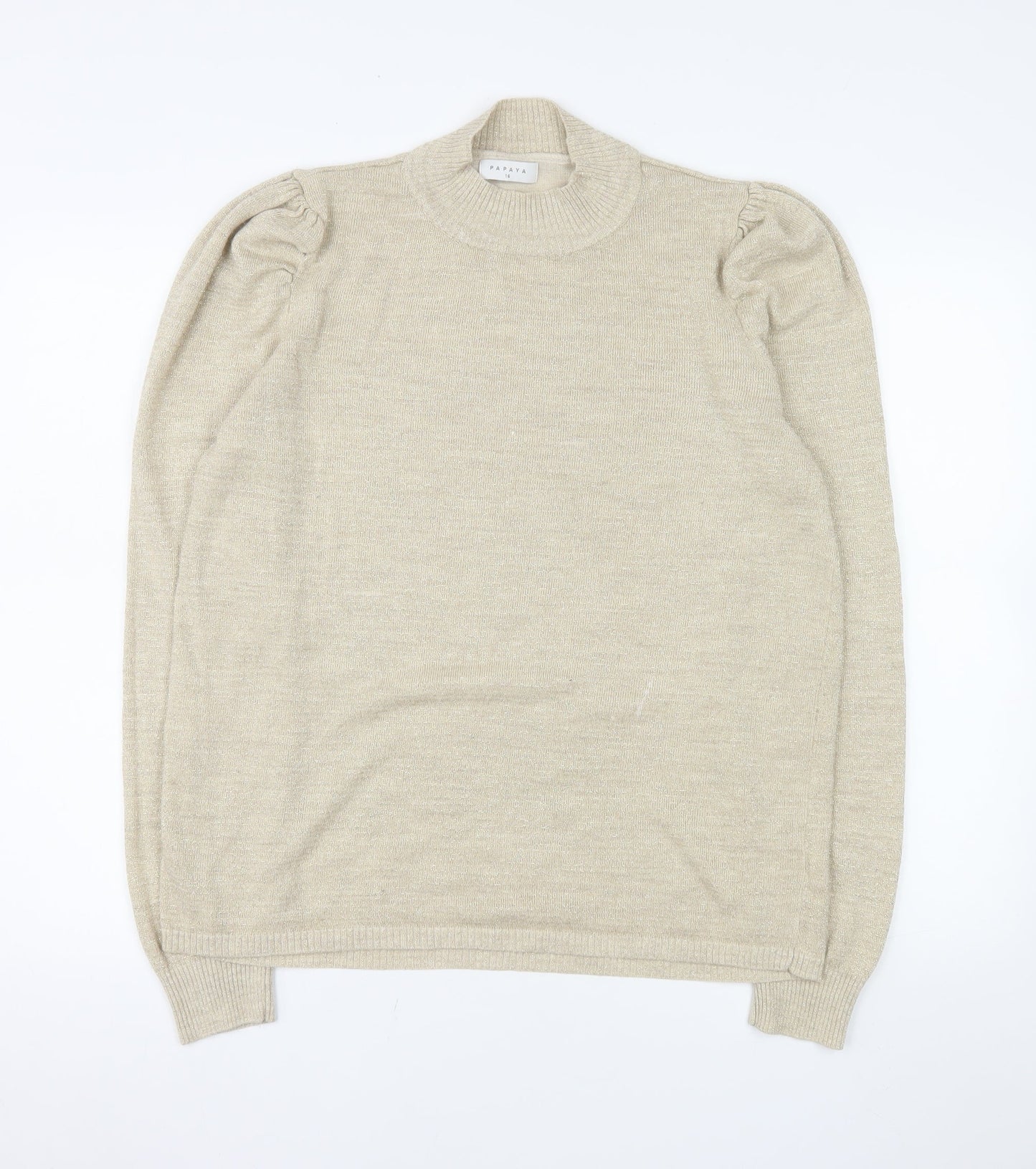 Papaya Women’s Beige Mock Neck Puff Sleeve Knit Jumper Size 16