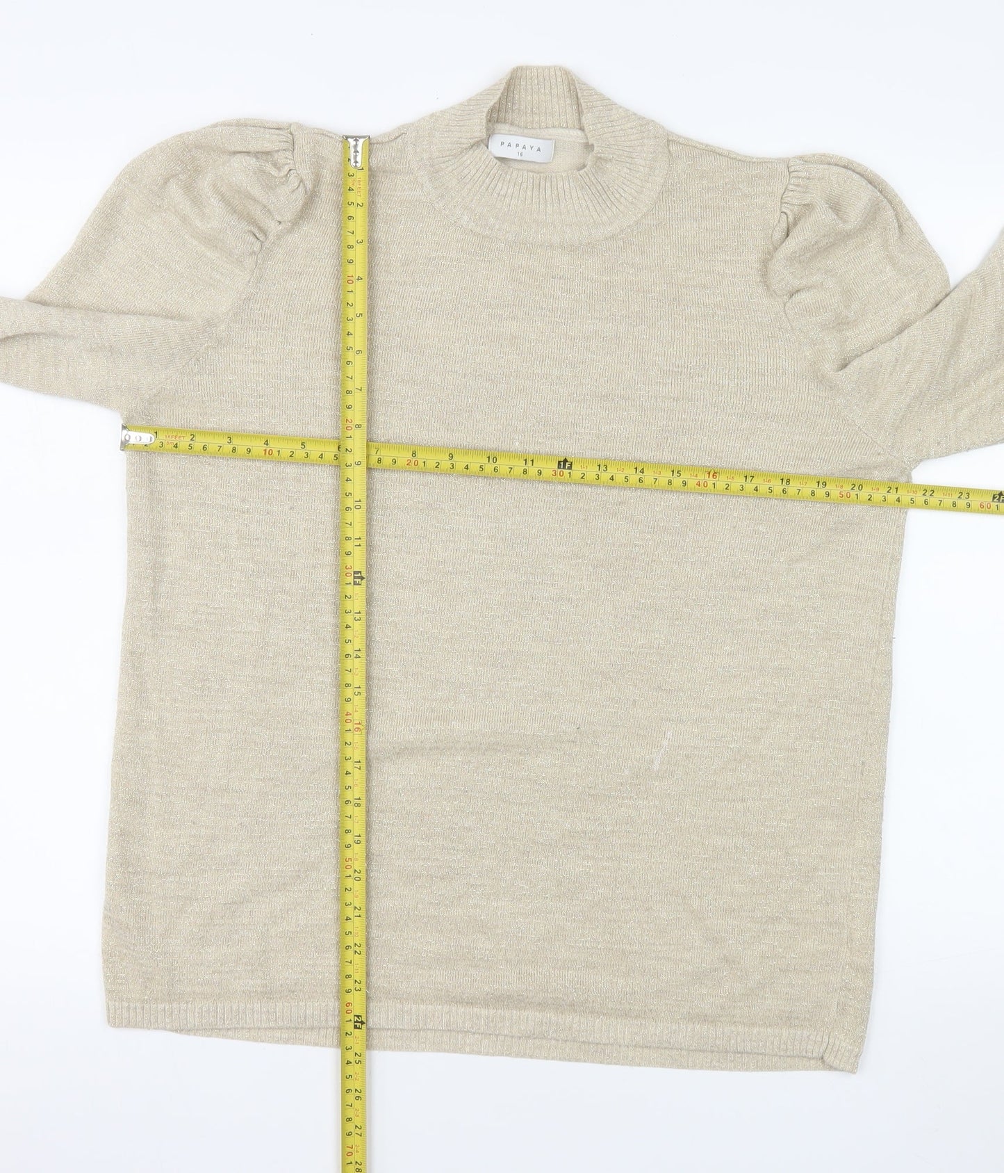 Papaya Women’s Beige Mock Neck Puff Sleeve Knit Jumper Size 16