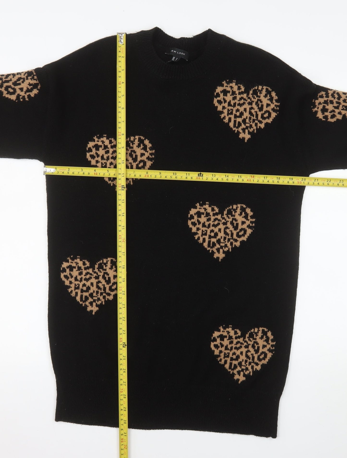New Look Women's Black Heart Leopard Knit Pullover Jumper Size S