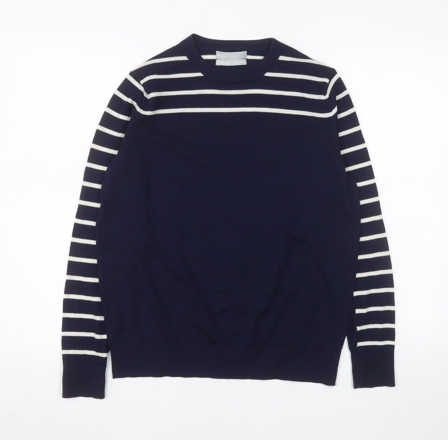 Marks and Spencer Women's Blue Striped Merino Wool Jumper Size 14