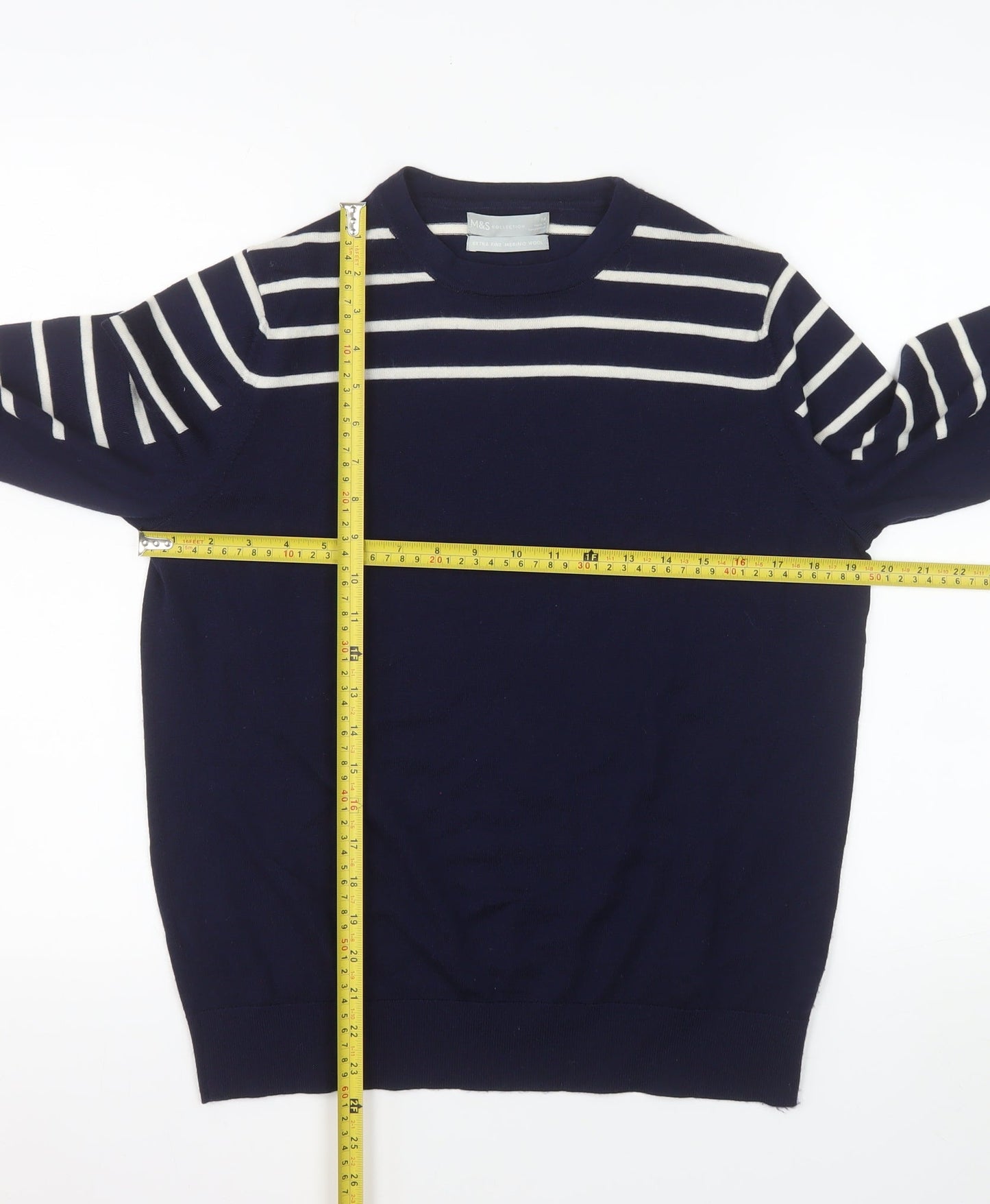 Marks and Spencer Women's Blue Striped Merino Wool Jumper Size 14
