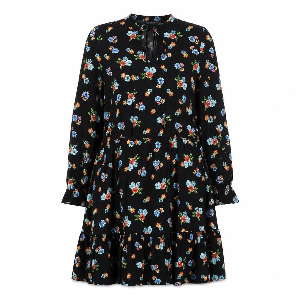Front view of Dunnes Women’s Black Floral A-Line Knee Length Dress, size UK 12