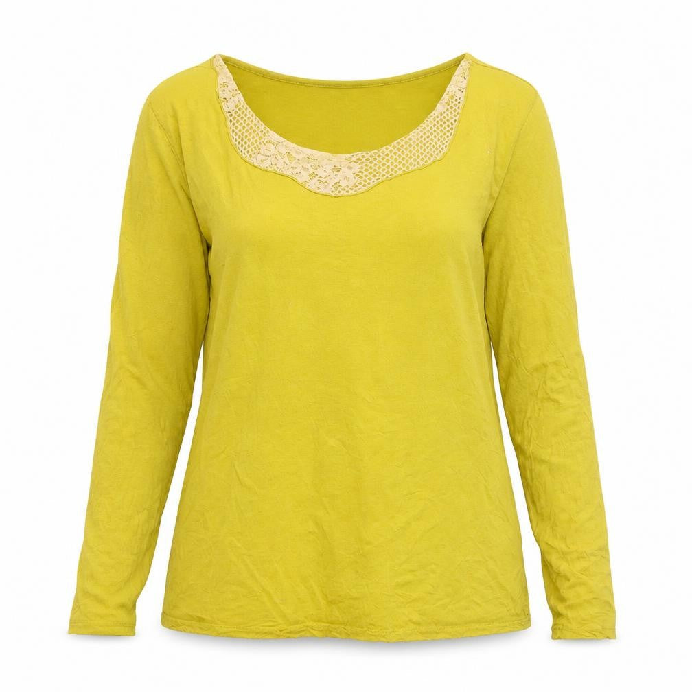 Tom Tailor Womens Yellow Lace Neck Cotton Long Sleeve Top XL