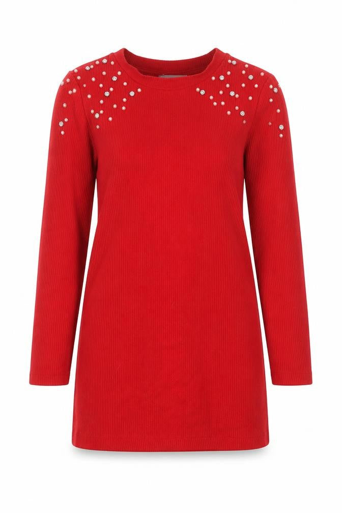 Savida Women Red Beaded Long Sleeve Pullover Jumper XS