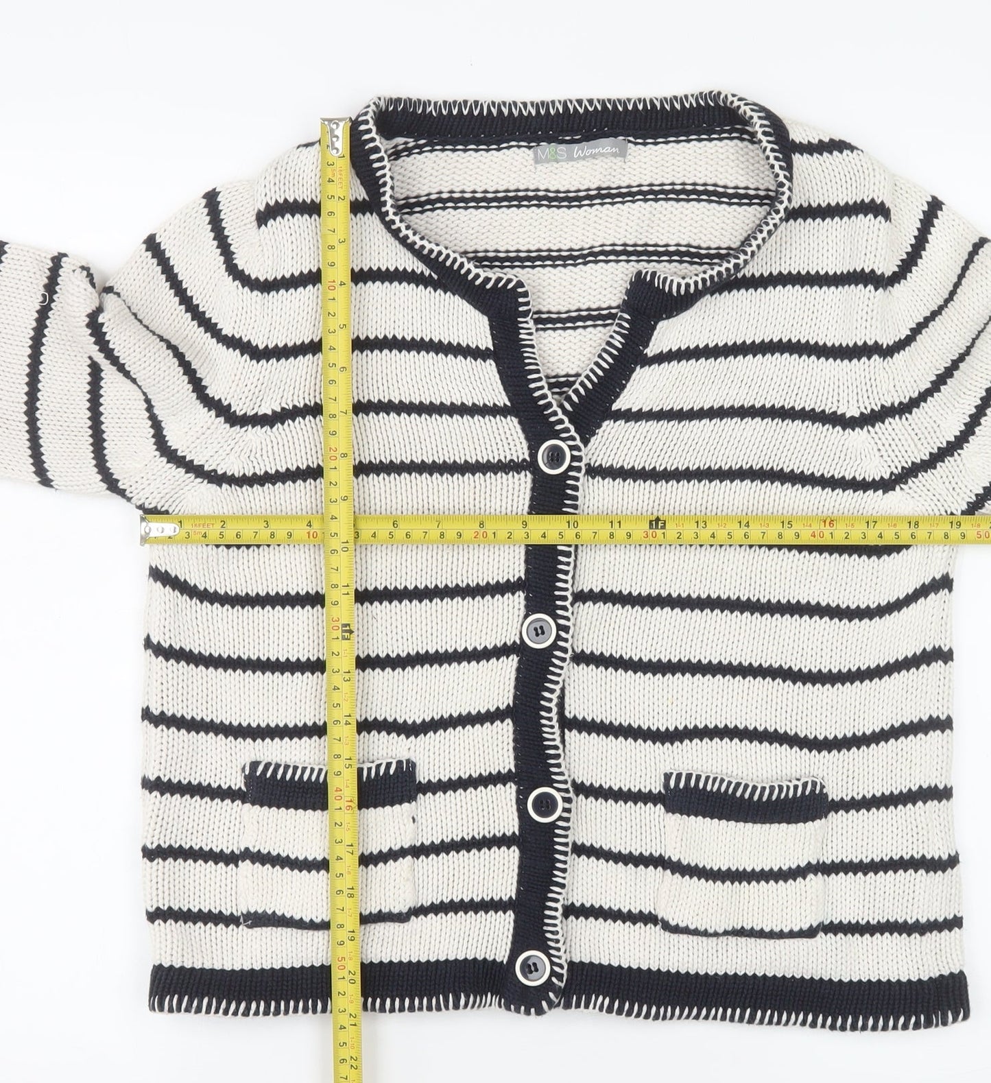 Marks and Spencer Women Multicoloured Size 12 Cotton Striped Cardigan