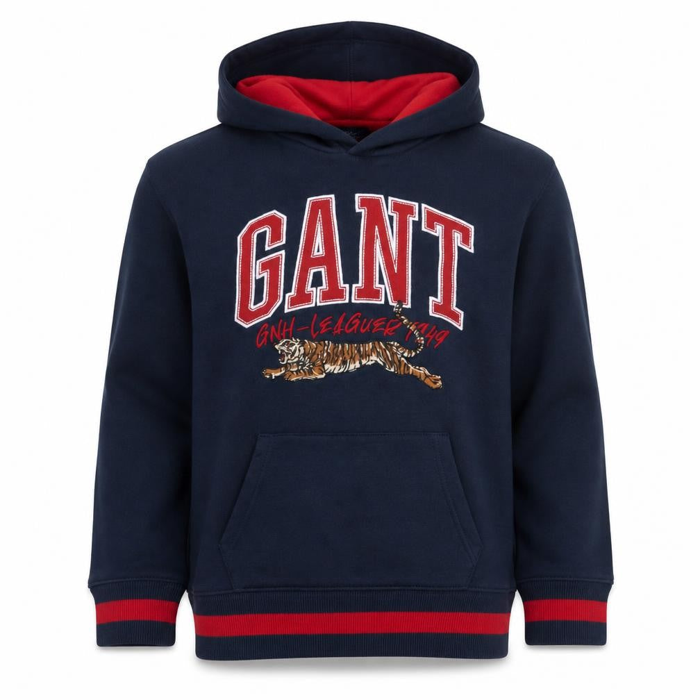 Front view of GANT boys’ navy blue hooded pullover sweatshirt 13-14 years cotton blend