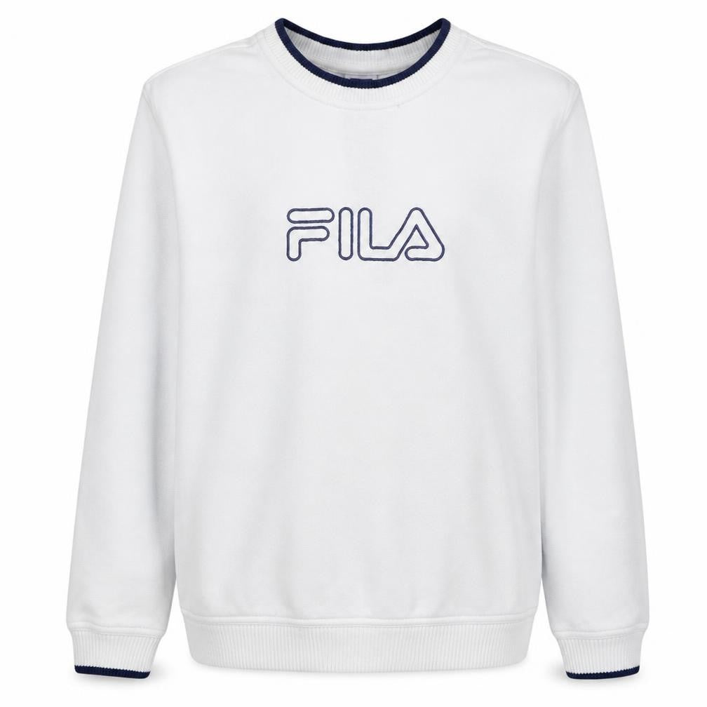 Front view of Fila boys’ white logo pullover sweatshirt age 12 regular fit crew neck