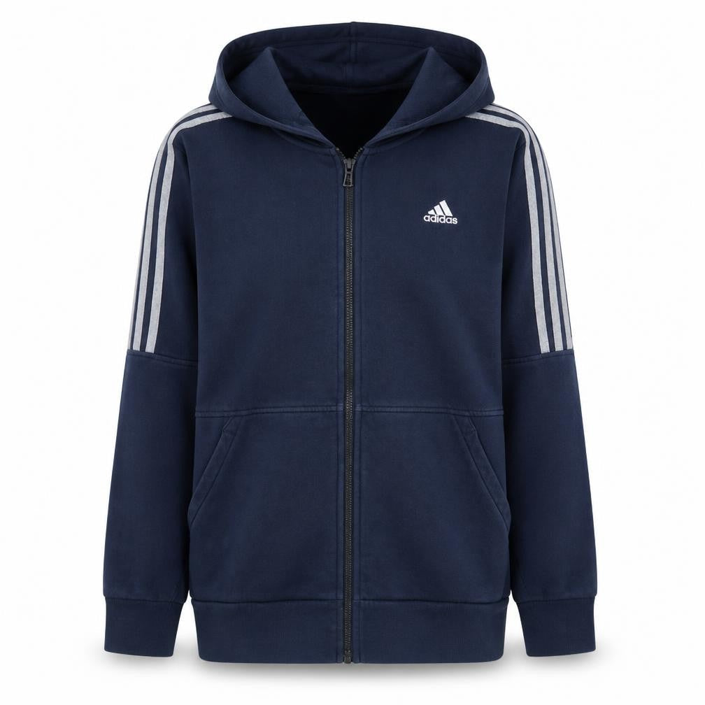 Front view of Adidas men’s blue full zip hoodie, size M, sports fleece
