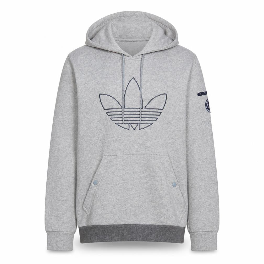 Front view of Adidas men’s grey pullover hoodie m logo graphic cotton fleece