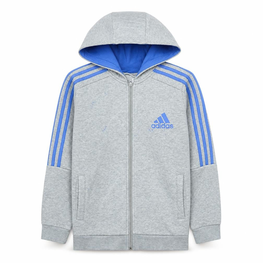 Front view of Adidas boys’ grey blue full zip hoodie, size 13-14, years l classic hoodie