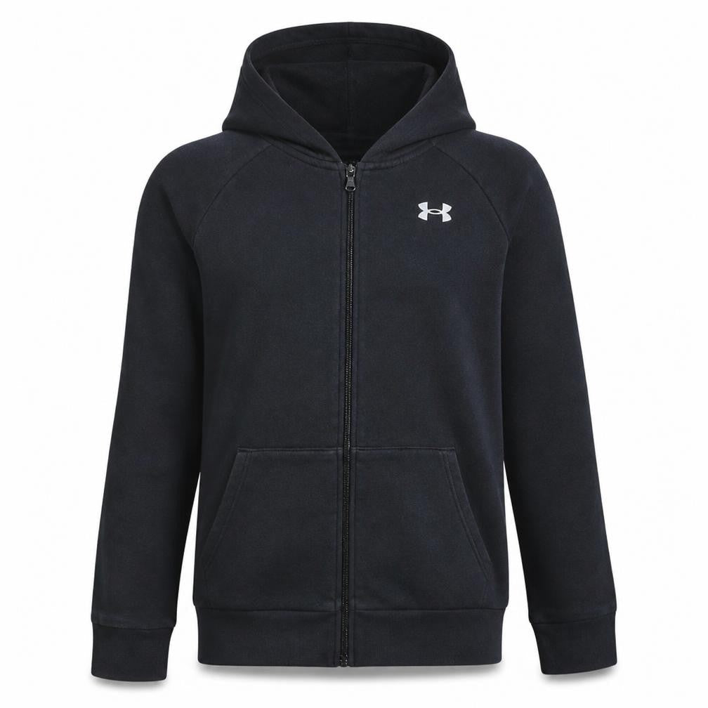 Front view of Under Armour boys’ black full zip hoodie, size 158, fleece coldgear