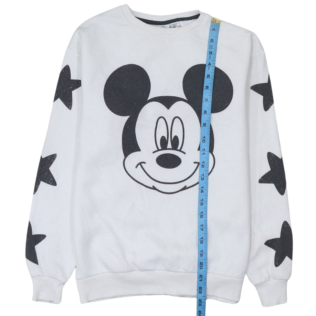 Close-up detail of Disney girls’ white mickey mouse pullover sweatshirt 12-13 years