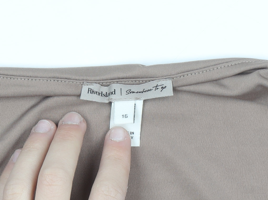 River Island Women Brown Size 16 Square Neck Long Sleeve Bodysuit
