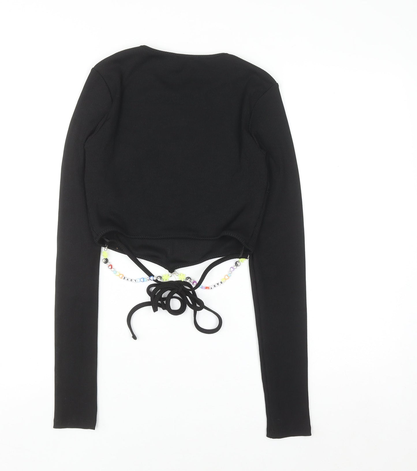 Bershka Women’s Black Cropped Long Sleeve Slim Fit Beaded Tie T-Shirt S