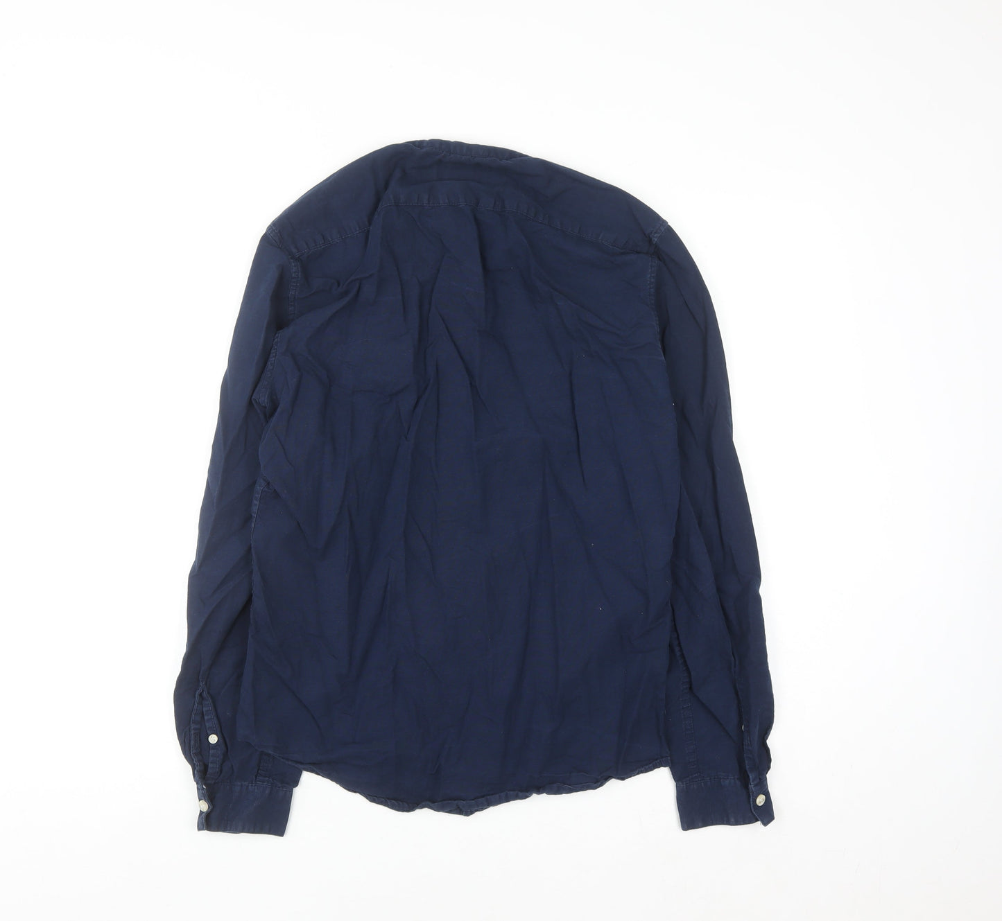 Pull&Bear Men's Blue 36 Woven Cotton-Linen Button-Up Shirt