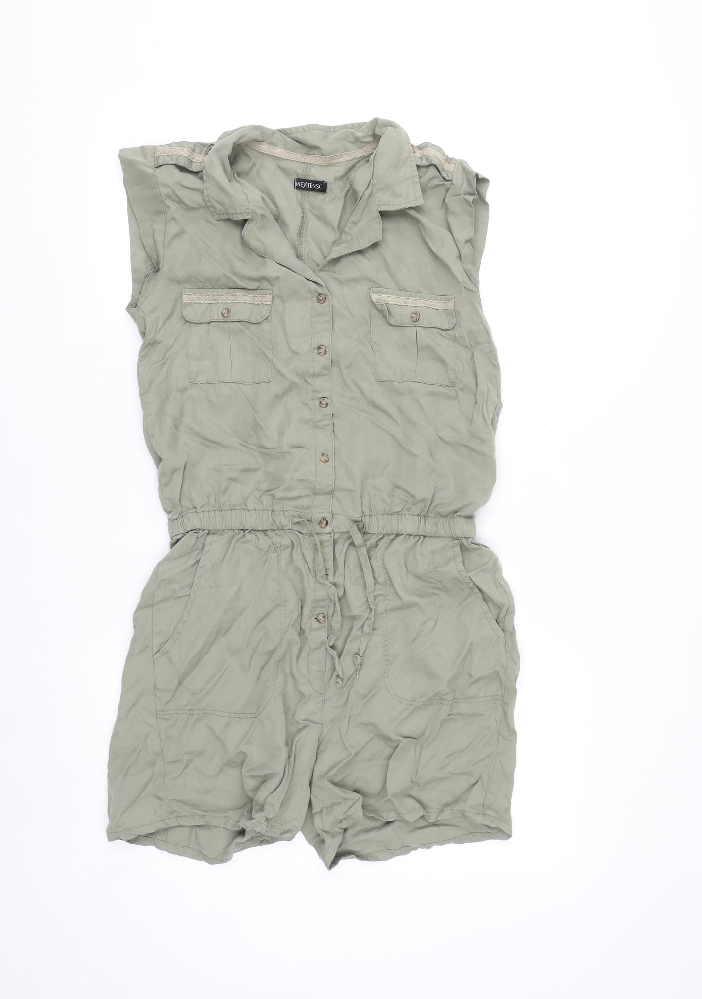 Nextenso Women Khaki Green Size 8 Sleeveless Button-Up Playsuit