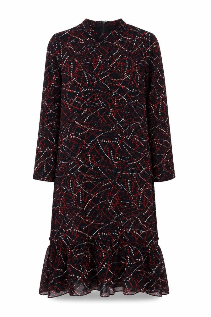 Whistles Women Black Red Geometric Midi Fit & Flare Long Sleeve Dress Size 10