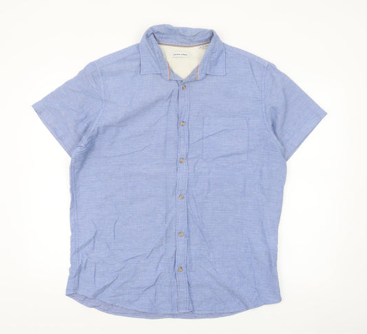 Jack & Jones Men's Blue Cotton Short Sleeve Button-Up Shirt XL