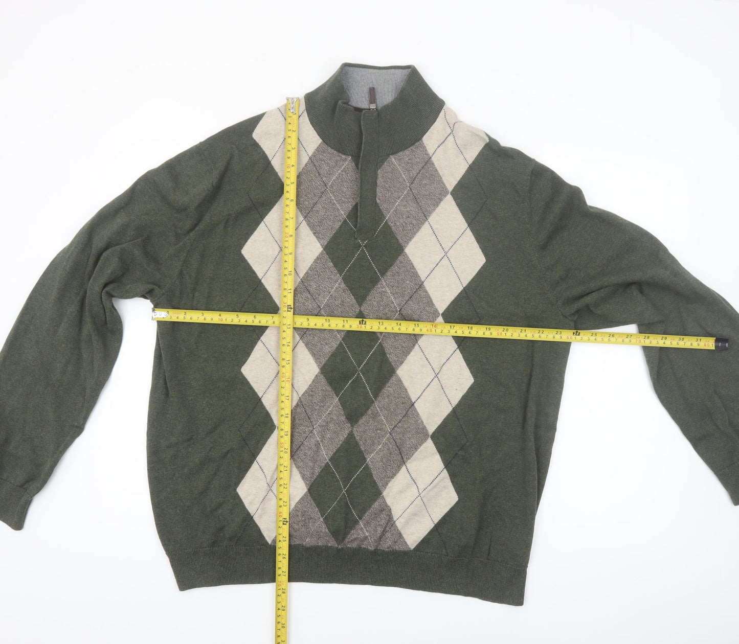 Tasso Elba Men's Green Argyle 1/2 Zip Cotton Jumper XL