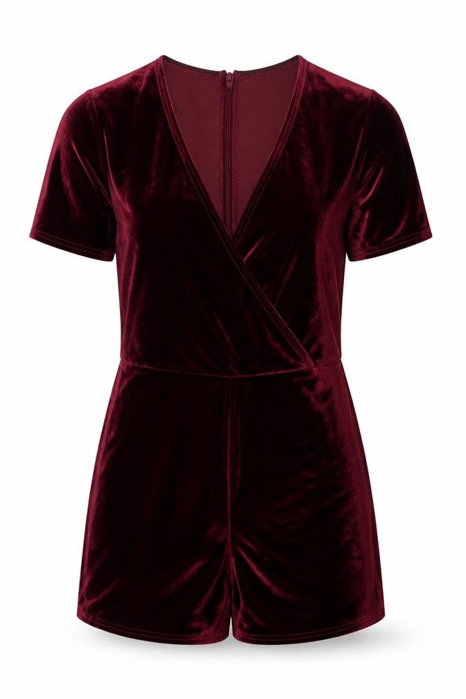 Boohoo Womens Red Velvet Short Sleeve V-Neck Playsuit Size 8