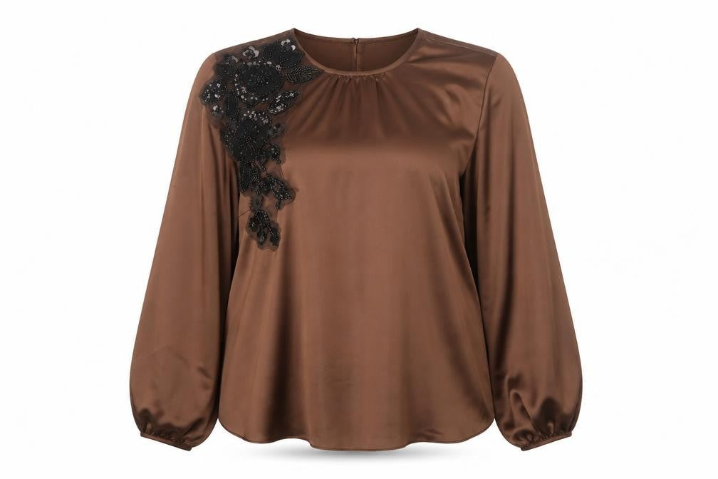 Friends Like These Women Brown Beaded Satin Long Sleeve Blouse UK 14