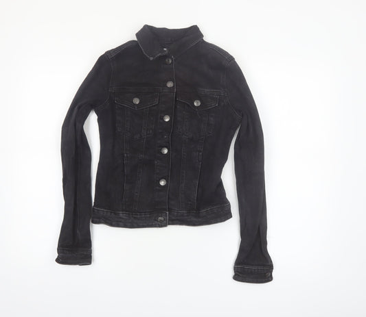 Bershka Women Black Denim Basic Jacket XS Collared Button Casual