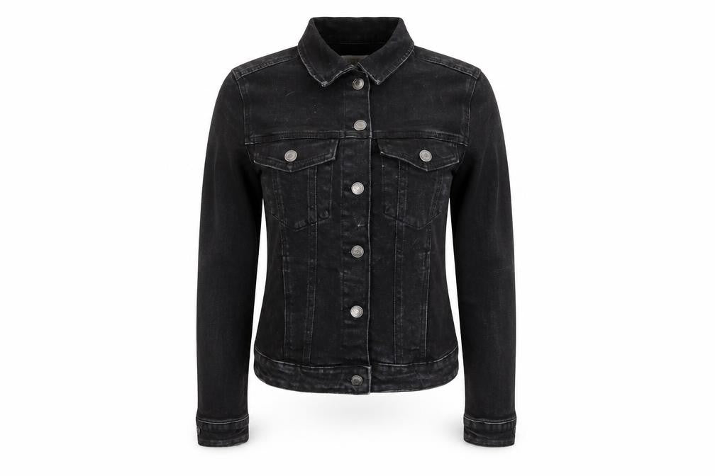 Bershka Women Black Denim Basic Jacket XS Collared Button Casual