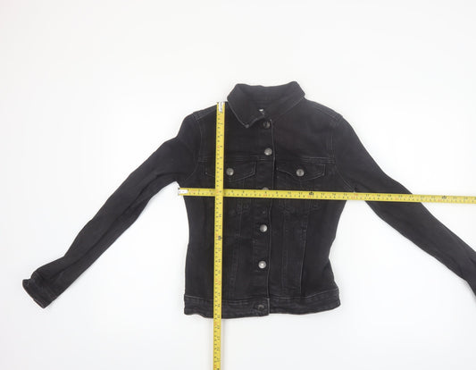 Bershka Women Black Denim Basic Jacket XS Collared Button Casual
