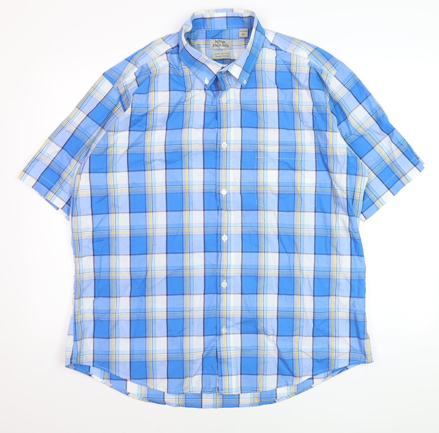 Peter England Men's Blue Check Short Sleeve Button-Up Shirt XL