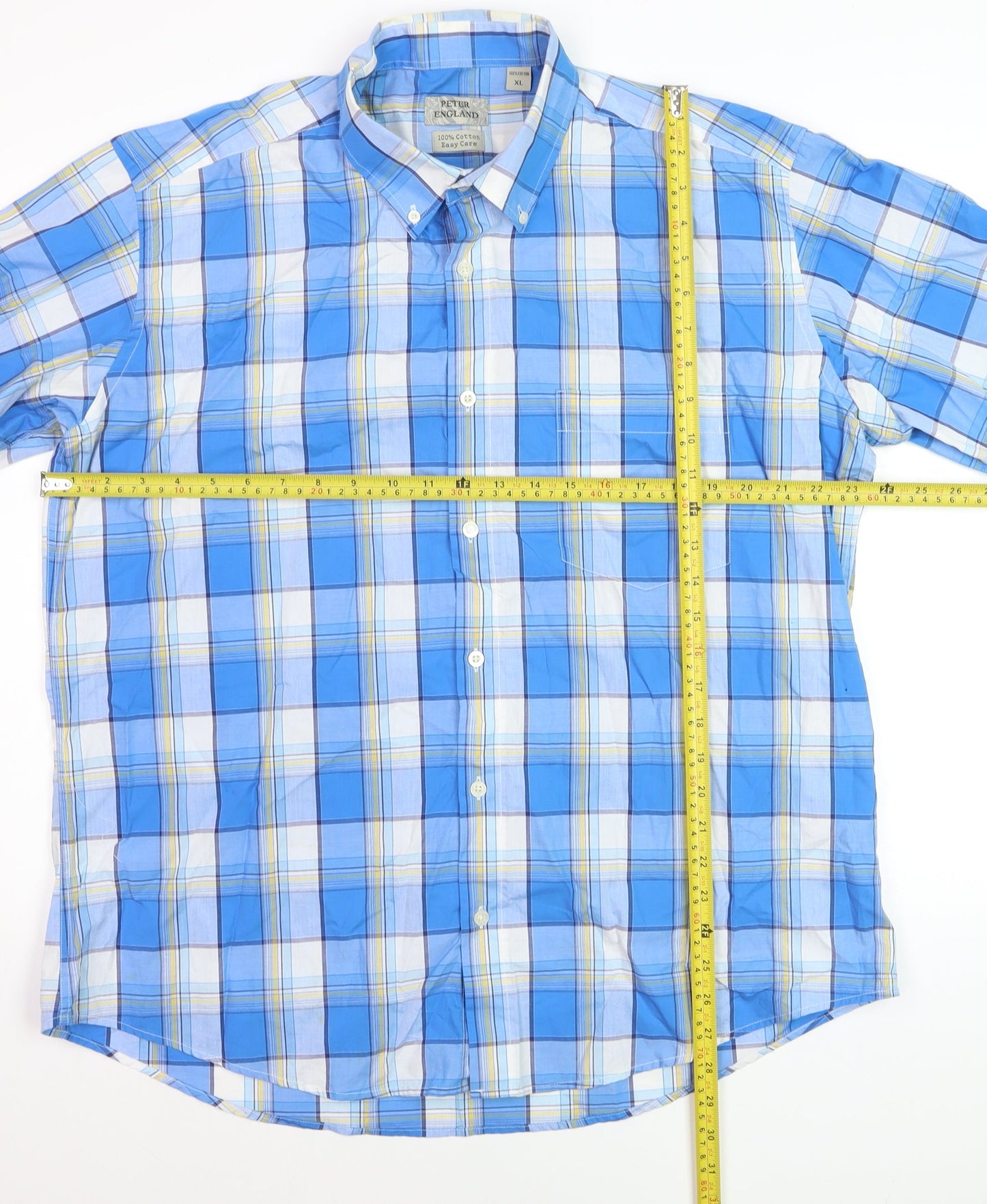 Peter England Men's Blue Check Short Sleeve Button-Up Shirt XL