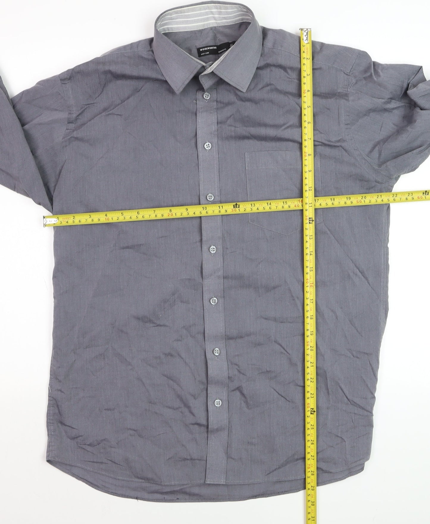 Woolworths Men's Grey Regular Fit Long Sleeve Button-Up Shirt Size 16