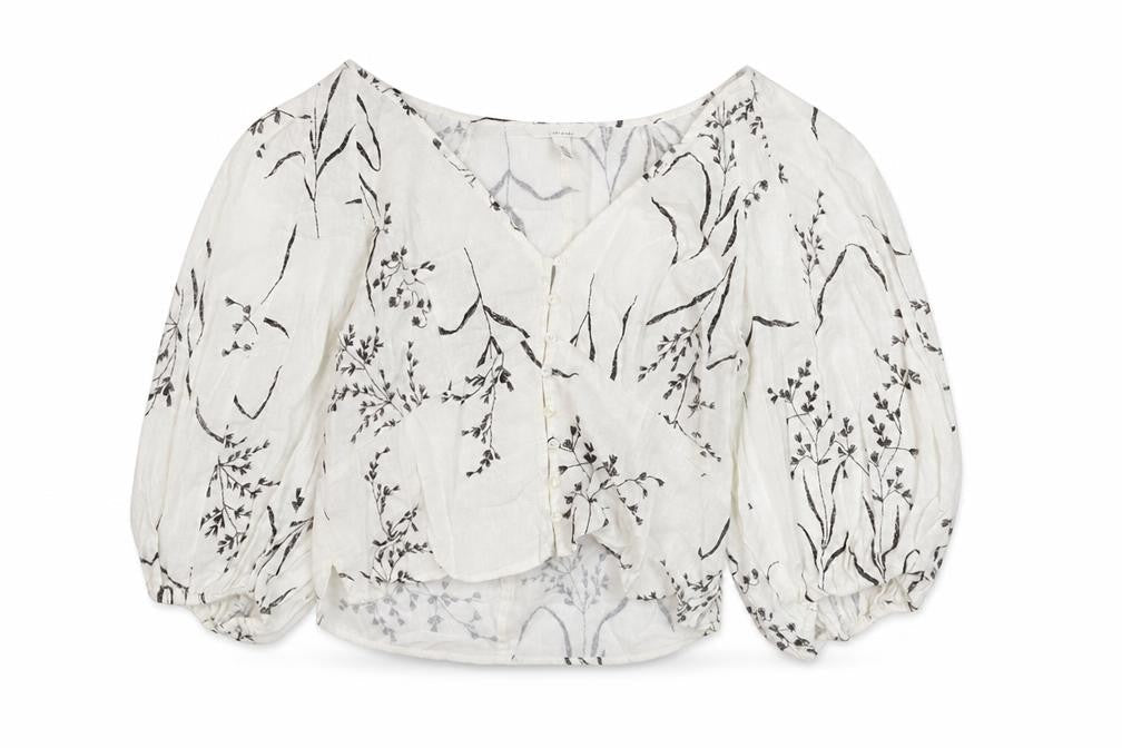 H&M Women’s White Floral Linen Blend Cropped Puff Sleeve Blouse Size 8