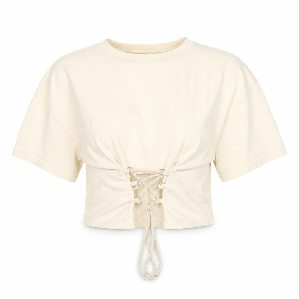 Light Before Dark Women's Beige Cropped Lace Up T-Shirt Size S