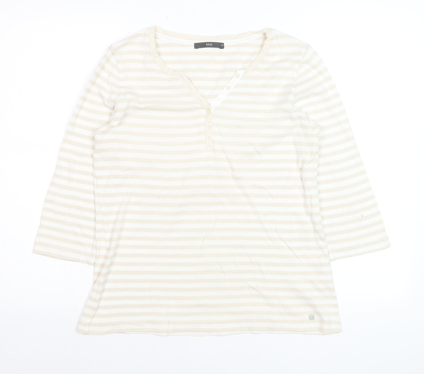 Brax Womens Beige Striped Henley Jersey T-Shirt Size 12