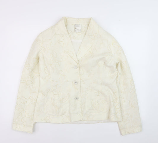 Paco Spirit Women Ivory Floral Blazer Jacket M Linen Blend