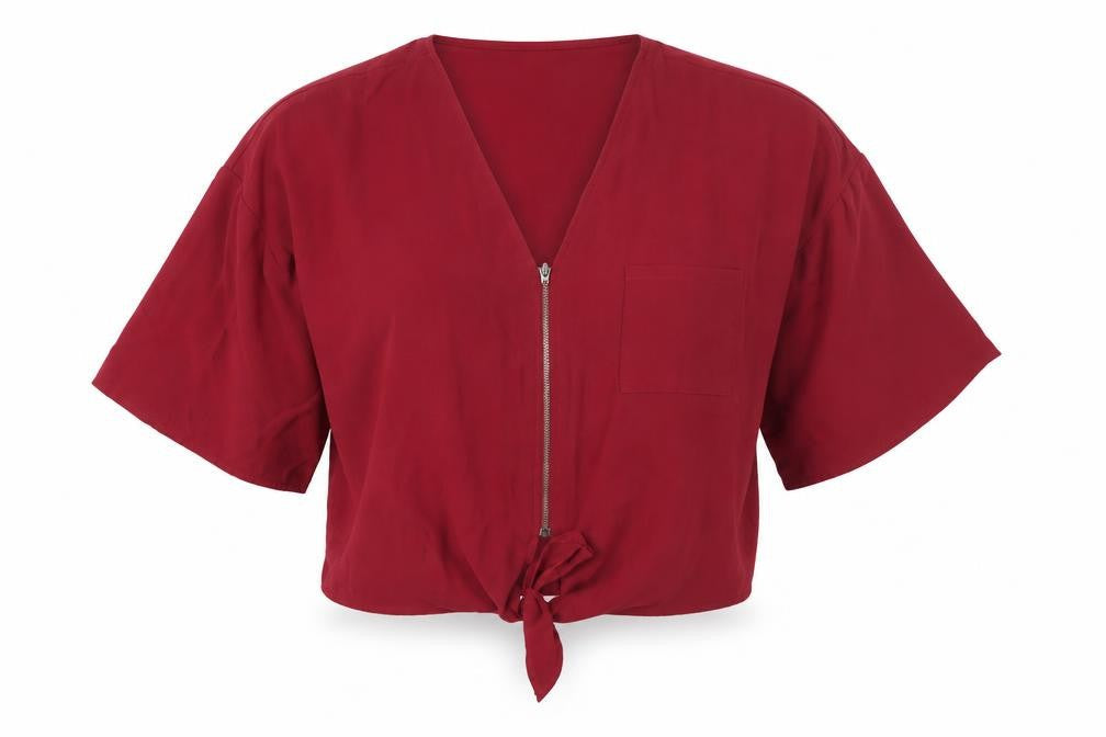 Select Women Red Cropped Zip Front V-Neck Blouse UK 8