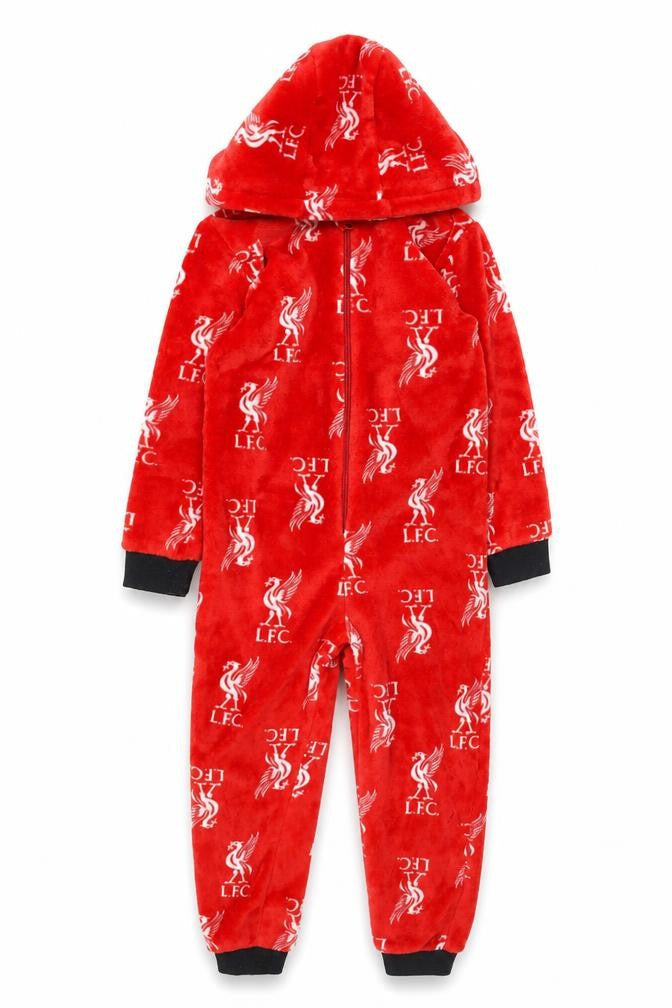 Front view of Liverpool FC boys’ red fleece one piece hooded pyjamas 5-6 years