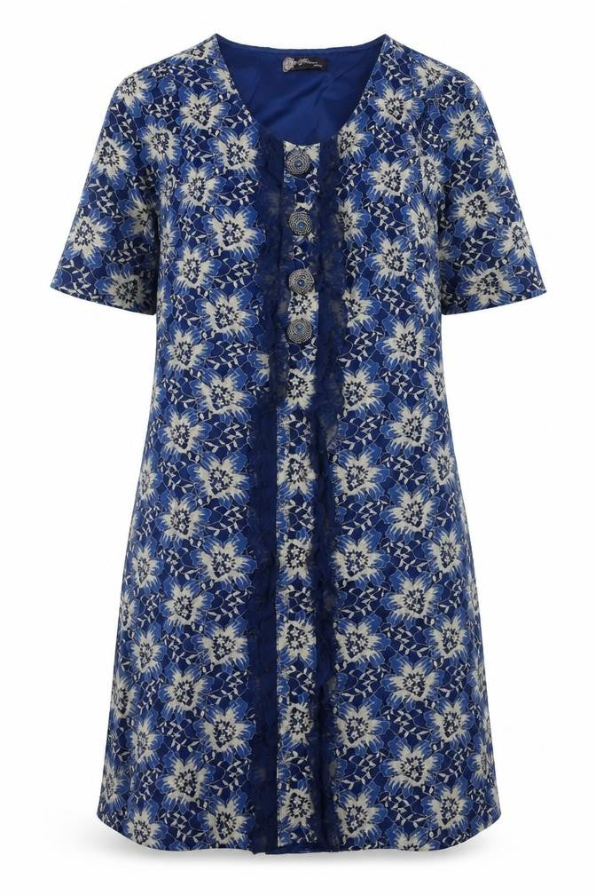 Awear Women Blue Floral Lace Shift Dress Size 14 Short Sleeve