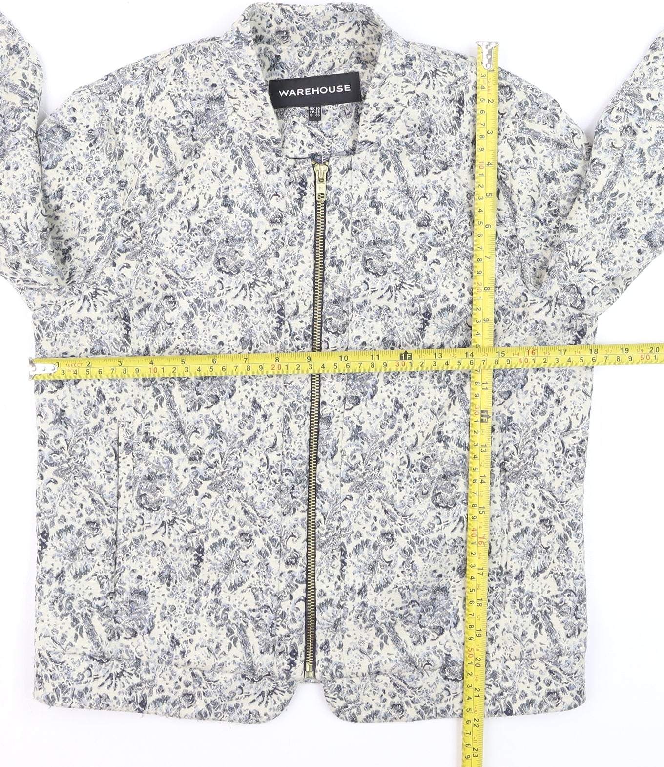 Warehouse Women’s Blue Floral Zip Bomber Jacket Size 10