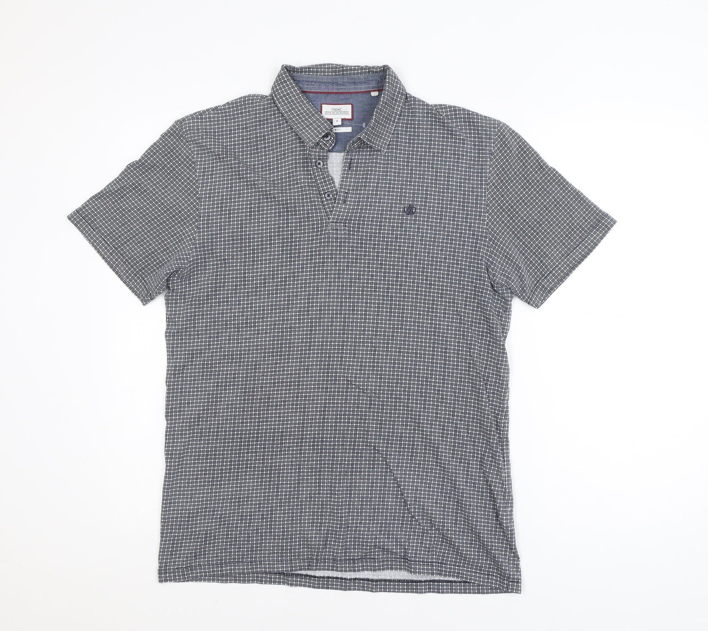 Next Men's Blue Check Short Sleeve Cotton Polo Shirt Size M