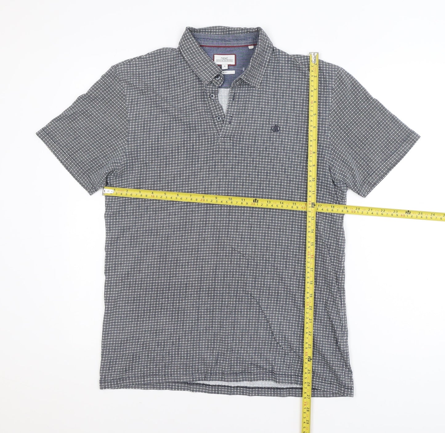 Next Men's Blue Check Short Sleeve Cotton Polo Shirt Size M