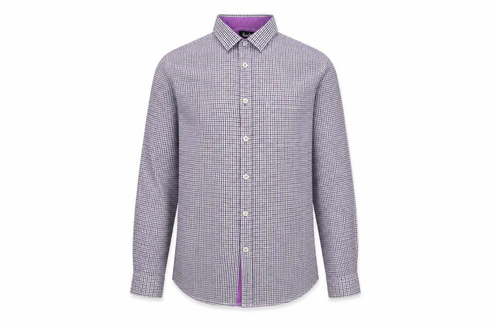 Front view of Eighteen 87 boys’ purple check long sleeve school dress shirt 15-16 years