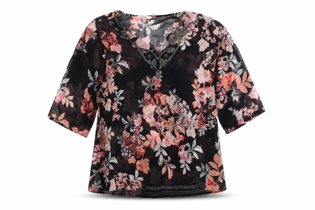 Millers Women Black Floral Beaded 3/4 Sleeve V-Neck Blouse Size 14
