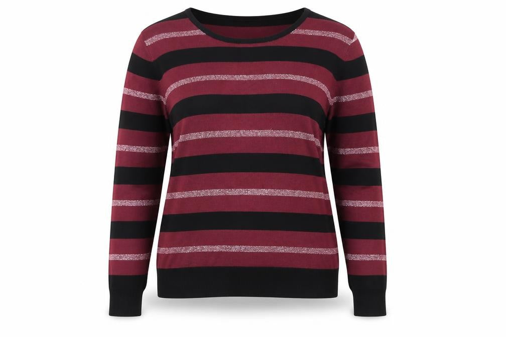 Front view of Maine New England Women’s Burgundy & Black Striped Crew Neck Jumper, size UK 14