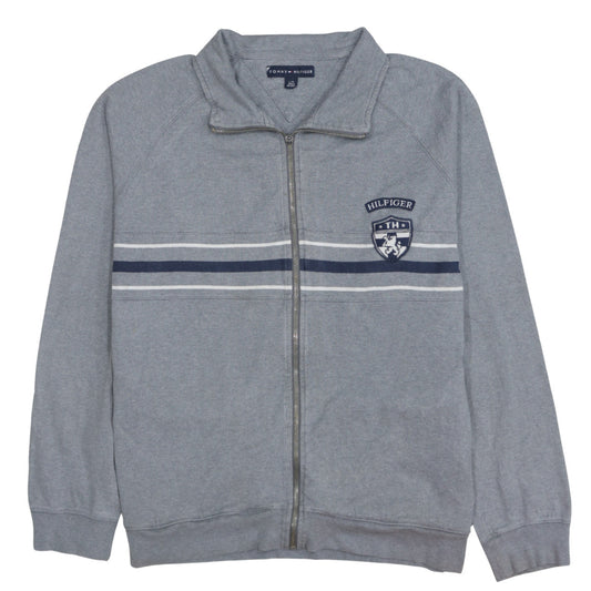 Tommy Hilfiger Men's Grey Full Zip Sweatshirt L Logo Striped Cotton